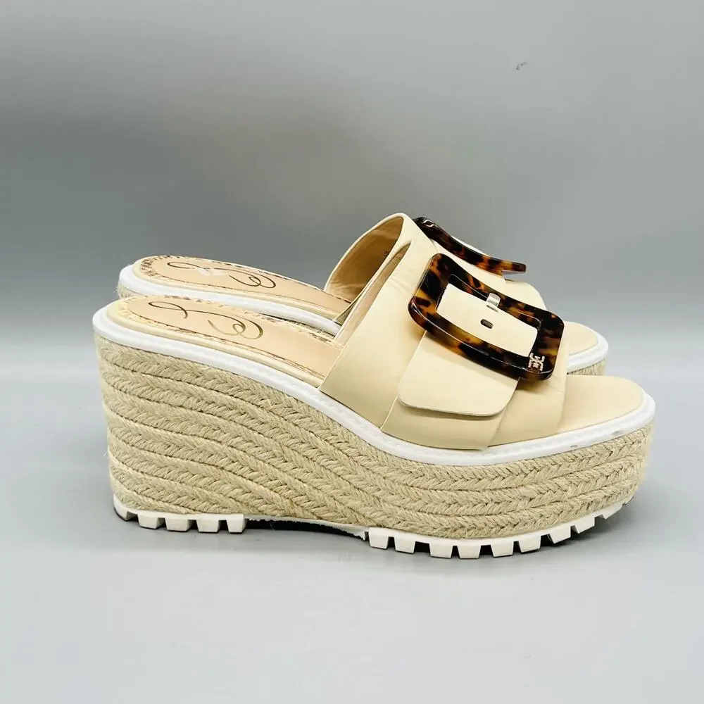 Sam Edelman Sandals Womens 7 Beige Leather Livi Espadrille Buckle Wedge Shoes